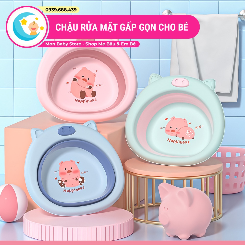 Chậu rửa mặt gấp gọn cho bé hình chú lợn dễ thương - Chậu nhựa gấp gọn cho bé có quai treo