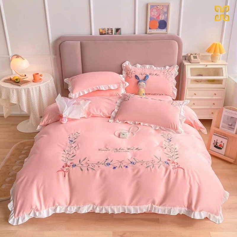 Bộ chăn ga gối cotton bèo ren mềm mại đáng yêu,bộ 4 món chất vải cotton mềm mịn cực kì thoáng mát MỚI