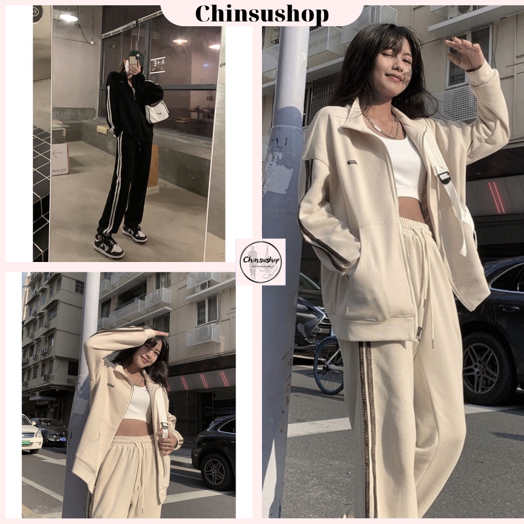 Set Bộ Nỉ, Sét Đồ Nữ Áo Khoác Nỉ Dài Tay Logo 2 Sọc Mix Quần Chốt Gấu Ống Rộng Freesize Form Rộng 2022