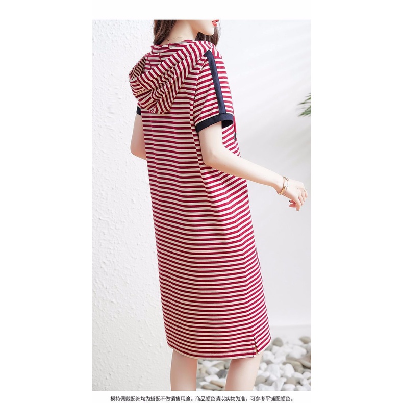 Striped hooded contrast color elegant fashion slightly fat foreign style hooded T-shirt dress