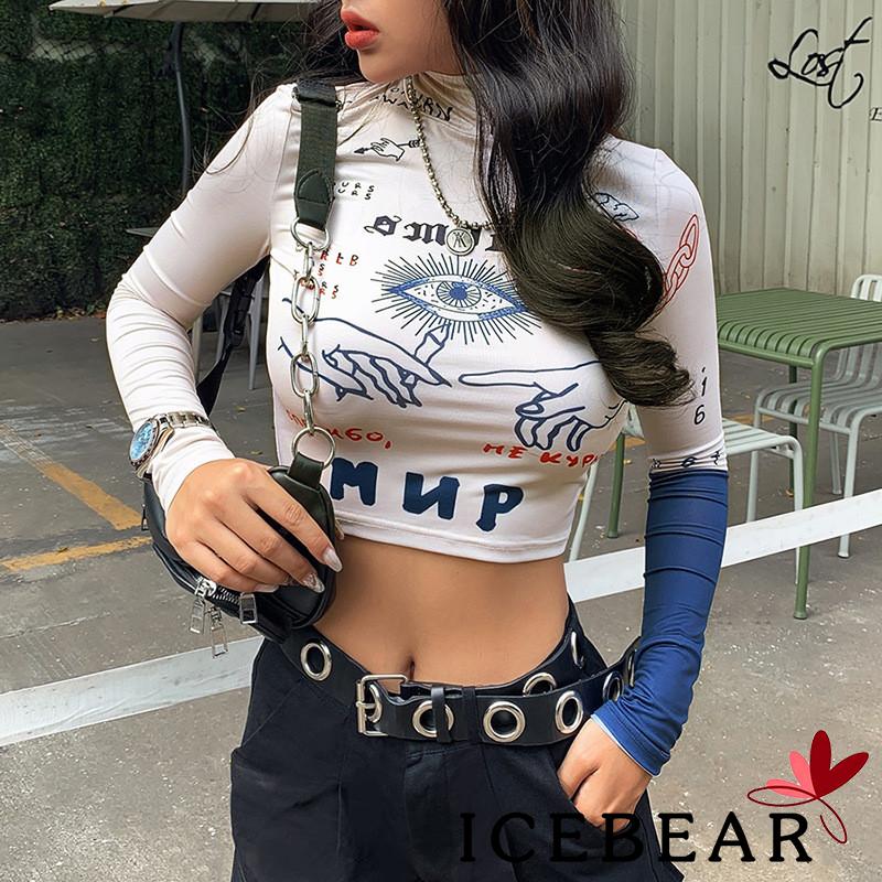 Áo Thun Tay Dài Cổ Cao Hoạ Tiết In Dành Cho Phái Nữ