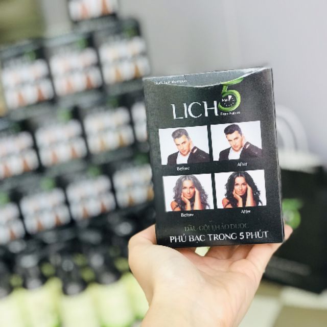 Dầu gội Phủ bạc Lich5 (hộp 10 gói). Gội là đen ngay tại nhà. Không ngứa, mượt tóc, mùi thơm dễ chịu Tinh Dầu 100 Shop