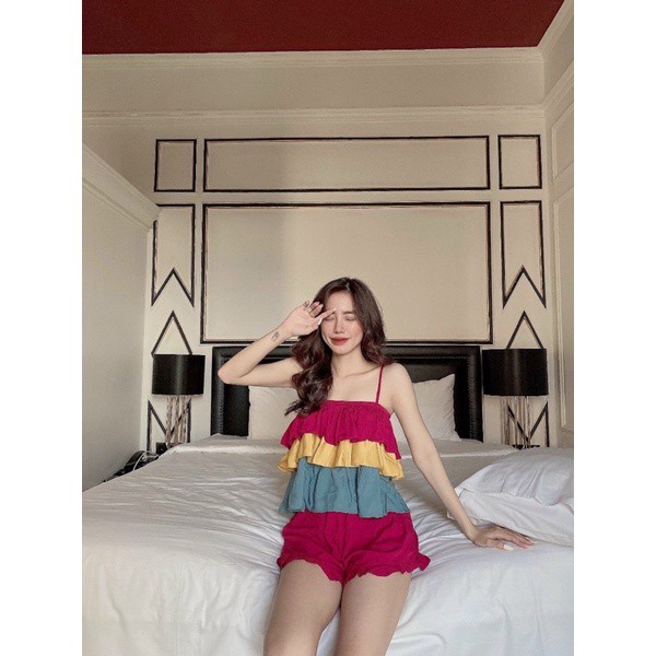 Set bộ đồ ngủ hai dây ba tầng phối bèo mặc nhà siêu xinh