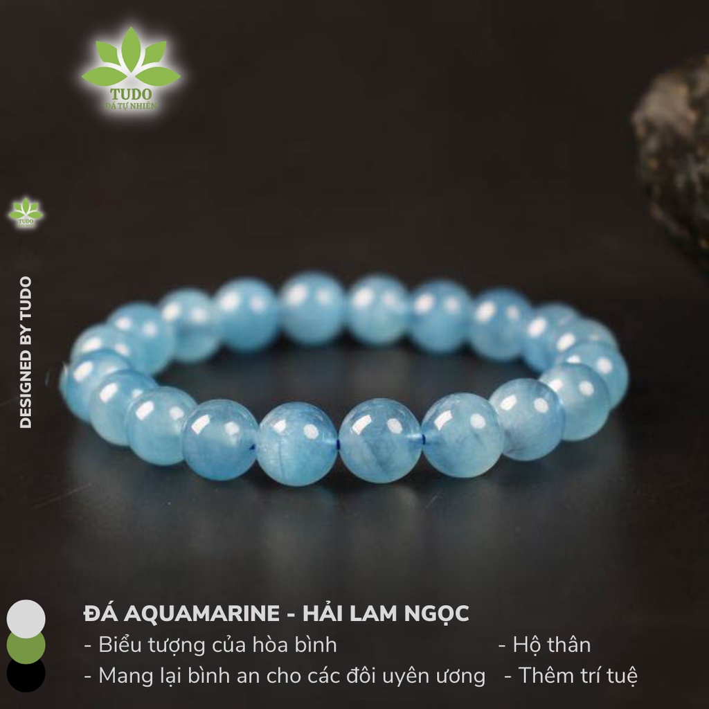 Vòng Tay Nữ phong thủy TUDO Aquamarine loại A++ xanh dương tự nhiên, tròn trơn, có kiểm định, cho nữ mệnh Thủy Mộc