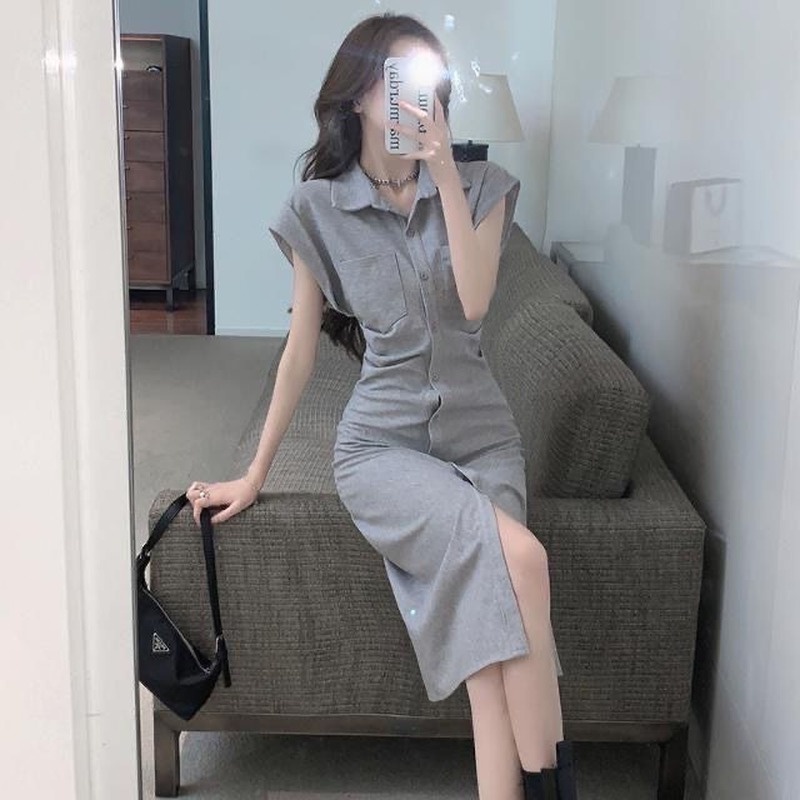 Đầm Không Tay Cổ Bẻ Xếp Ly Cài Hai Hàng Nút Thời Trang Mùa Hè Hàng Mới 2022