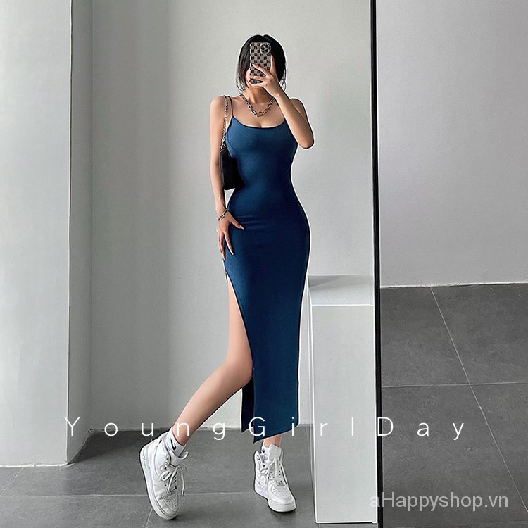 Đầm hai dây ôm dáng xẻ tà cao thời trang Âu Mỹ quyến rũ cho nữ 2021