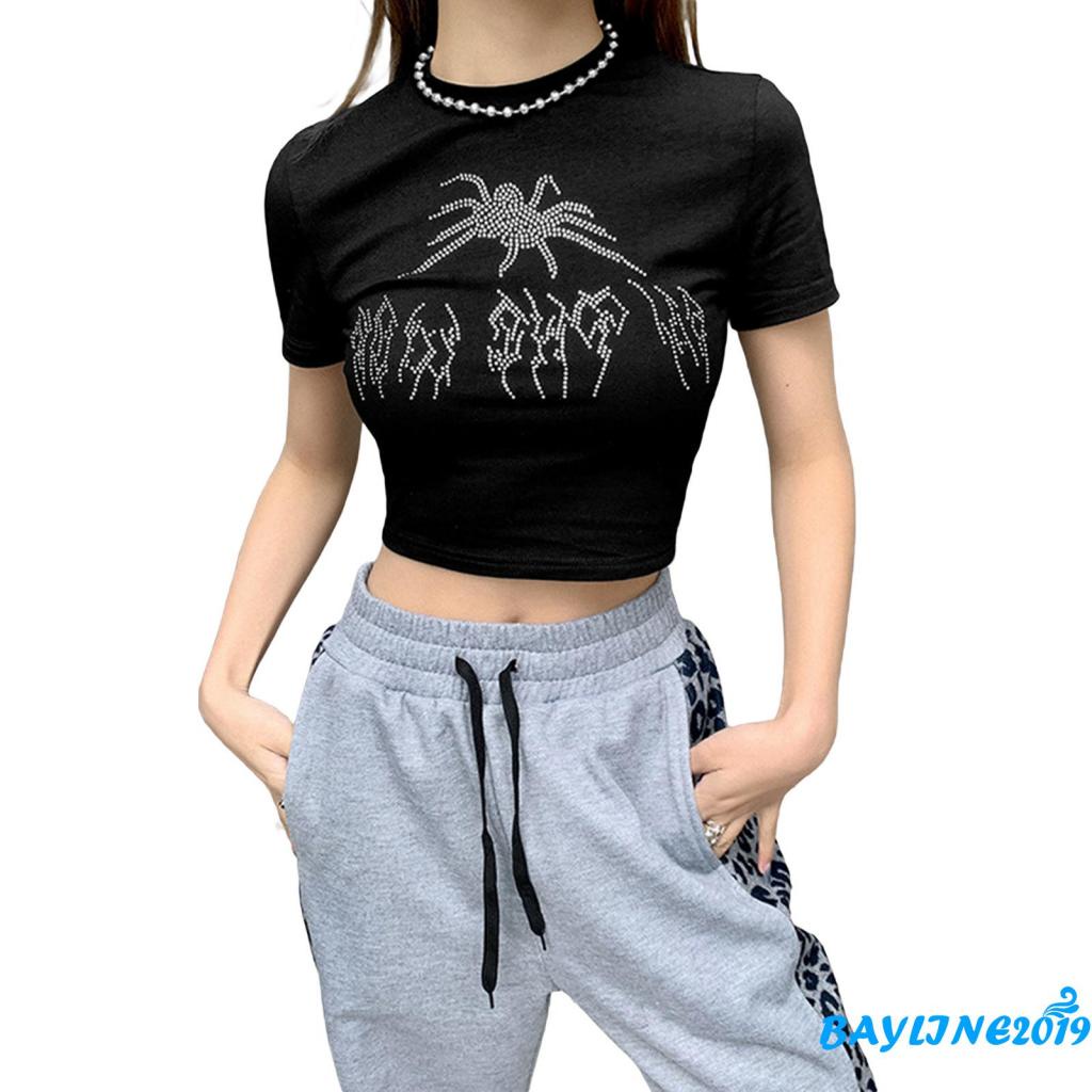 Áo Thun Ngắn Tay Dáng Ôm Hở Rốn Họa Tiết Nhện Đính Đá Thời Trang Cho Nữ