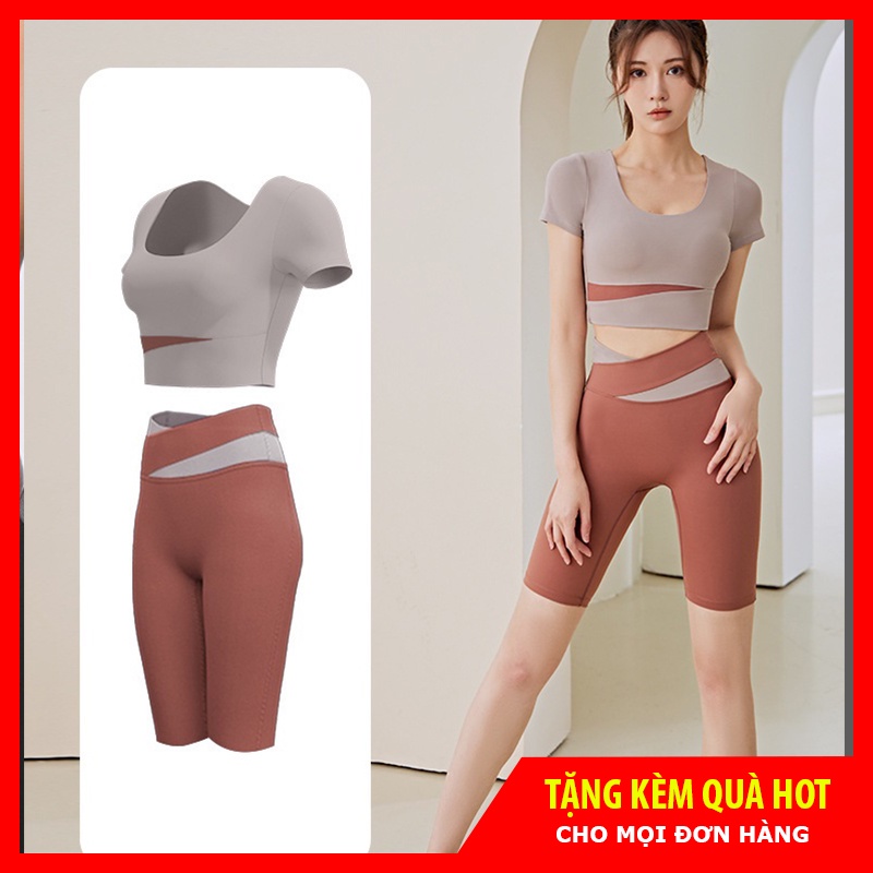 Bộ quần áo tập Gym Yoga nữ cao cấp thiết kế phong cách, set đồ thể thao áo croptop quần lửng vải thun lạnh kèm đệm ngực