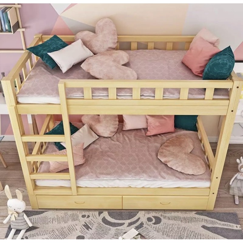 Giường tầng gỗ thông mộc bản full kệ sách , đệm , ngăn kéo 90x190x160cm | BigBuy360 - bigbuy360.vn