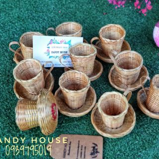 Tách mini có dĩa lót đan bằng tre 5cm×5cm