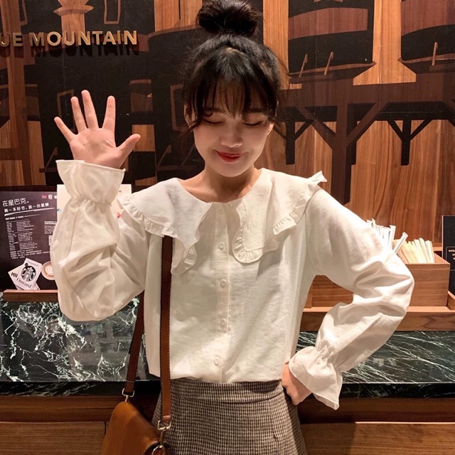 Áo thu ulzzang cổ bèo tay loe / Áo sơ mi nữ Hàn quốc tay bèo