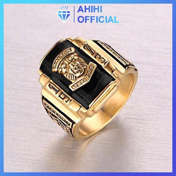 Nhẫn nam titan cao cấp hot đẹp inox thép không gỉ kiểu mạ vàng sư tử 1973 ahihi.officialstore đá đen mạ vàng PTNNA217