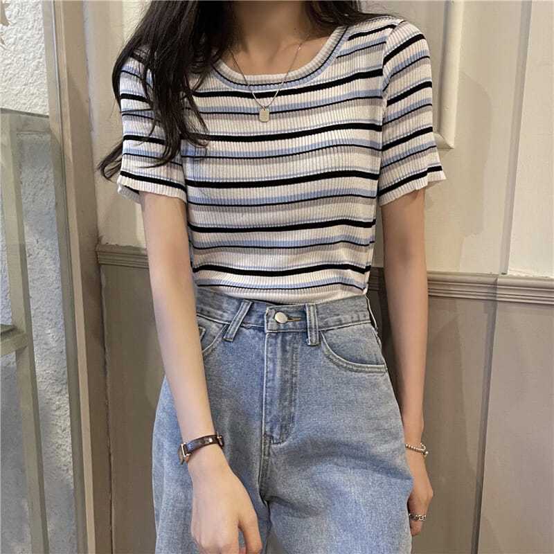 Áo Thun Sweater Tay Ngắn Kẻ Sọc Thời Trang Mùa Hè 2022 Cho Nữ