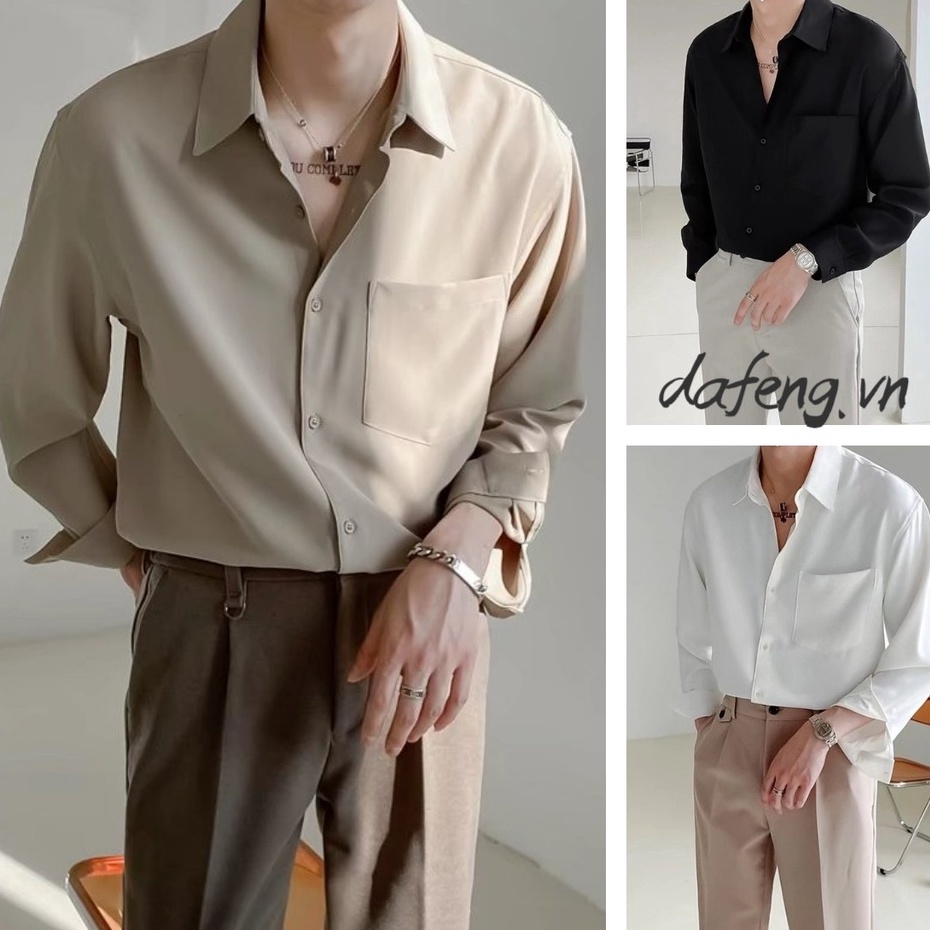 Hàn quốc áo sơ mi nam trơn form rộng áo sơ mi tay dài