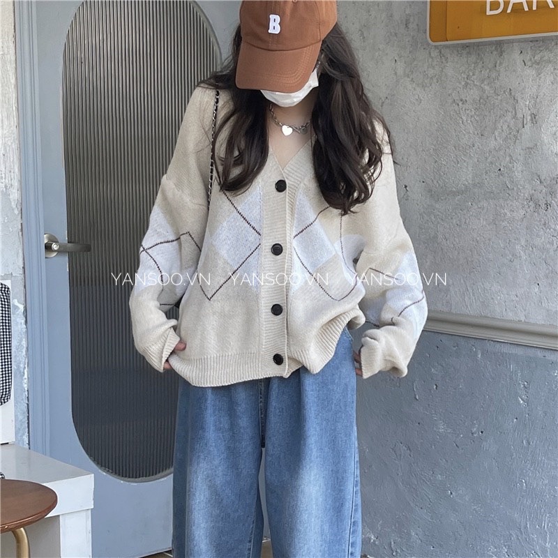 Áo cardigan dệt kim tay dài cổ chữ V phong cách Hàn Quốc , áo khoác len from rộng hoạ tiết hình thoi YANSOO
