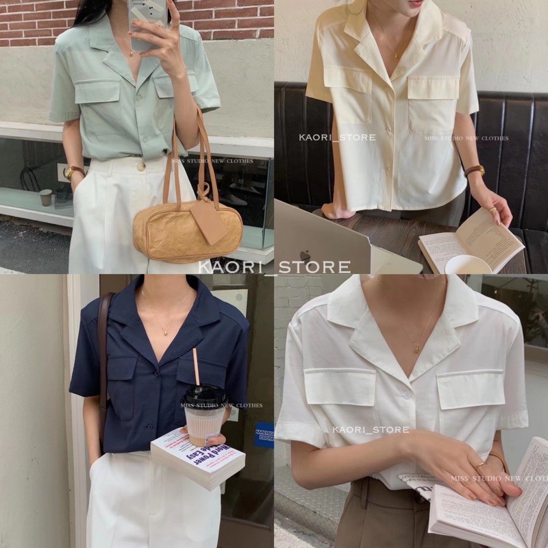 ÁO SƠMI NỮ, ÁO SƠ MI CỘC TAY - CỔ VEST NẮP TÚI 2 BÊN BẢNG 4 MÀU TRƠN FREESIZE FORM RỘNG