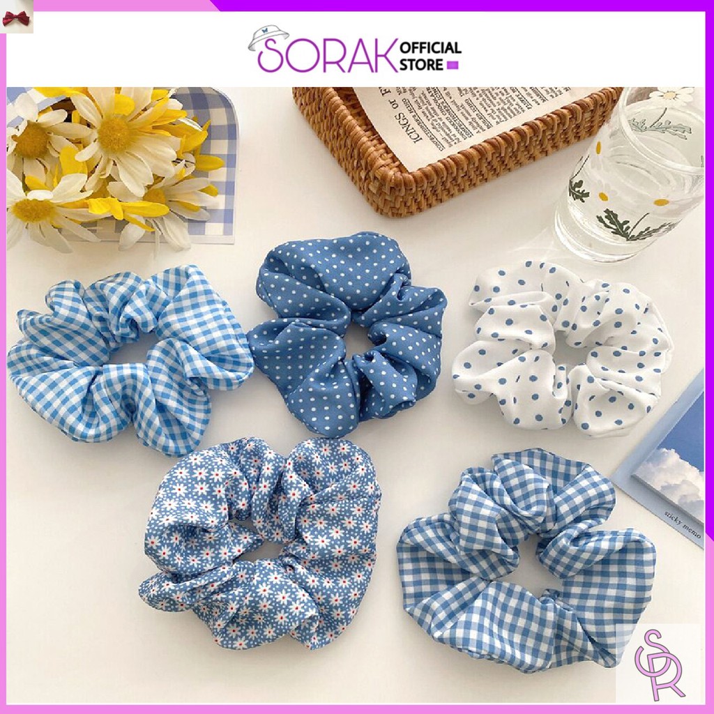 Chun buộc tóc,  Cột Tóc Vải Scrunchies Họa Tiết Xanh Thiên Thanh, Dây Buộc Tóc Scrunchies Mới SC1