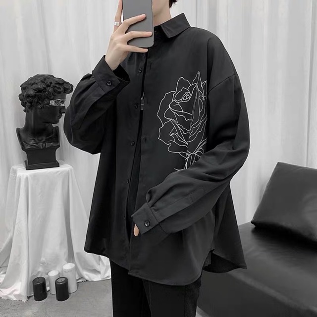&lt;&lt;Có sẵn&gt;&gt; Áo sơ mi tay dài dáng rộng cổ V hoạ tiết hoa hồng phong cách Hàn quốc dành cho nam nữ unisex
