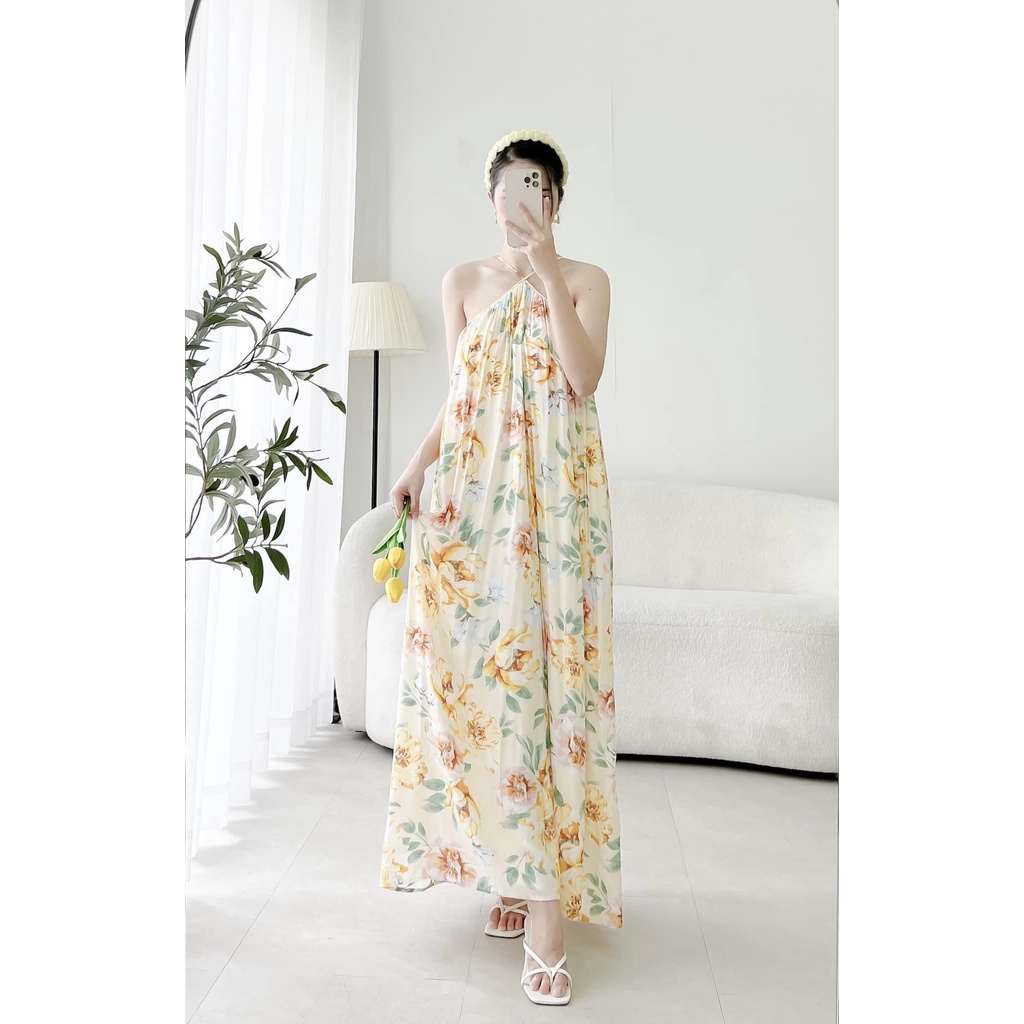 Đầm thiết kế cao cấp The Leaf Closet - Đầm maxi đi biển yếm dây lụa sang trọng mềm mại