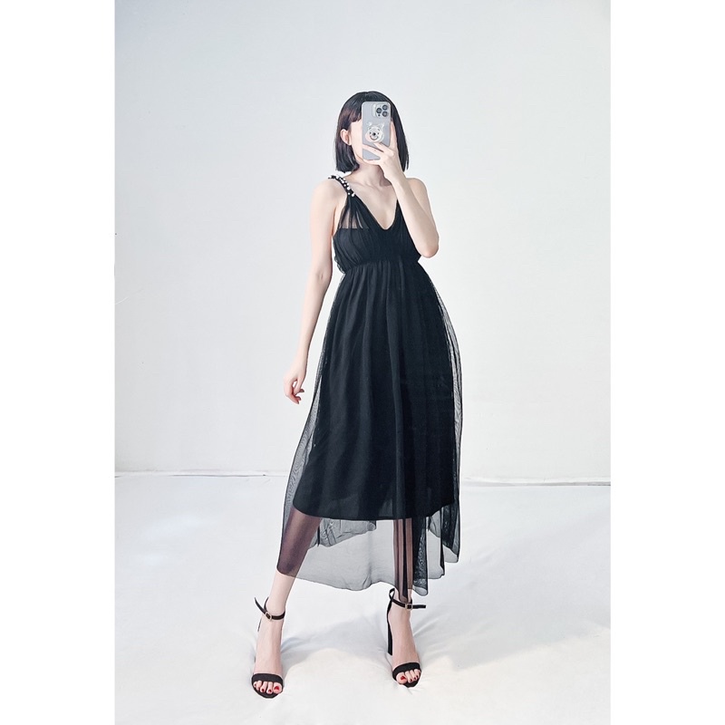 Đầm xoè 2 dây lưới đính hạt