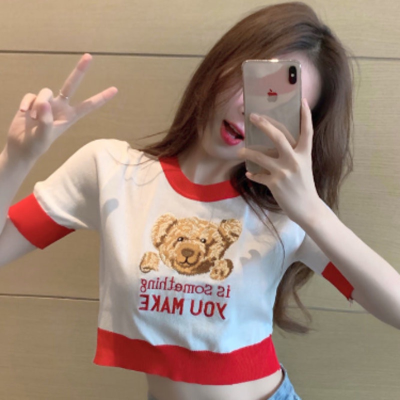 Áo Sweater Ngắn Tay In Hình Gấu Thời Trang Cho Nữ