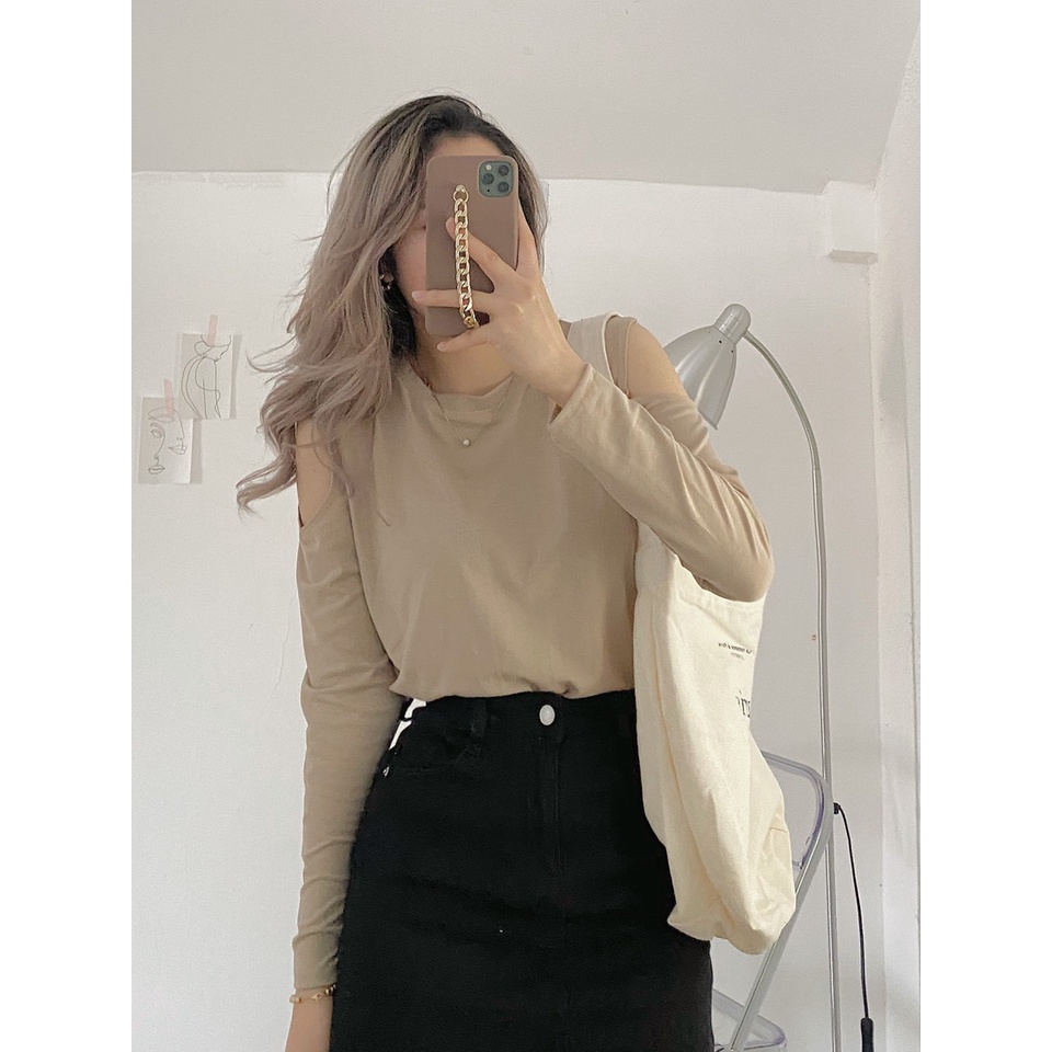 FREESHIP Áo Thun Mỏng Khoét Vai Tay Dài Cho Mùa Thu Phong Cách Hàn Quốc, Áo Dài Tay Nữ Tính