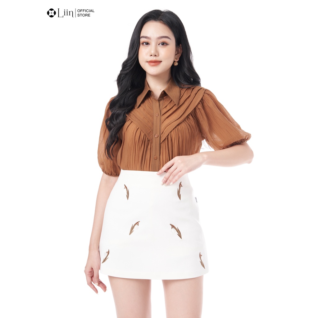 Áo sơ mi nữ linbi ngắn tay chất tơ nhăn màu nâu tiểu thư thanh lịch trẻ trung liin clothing A2408