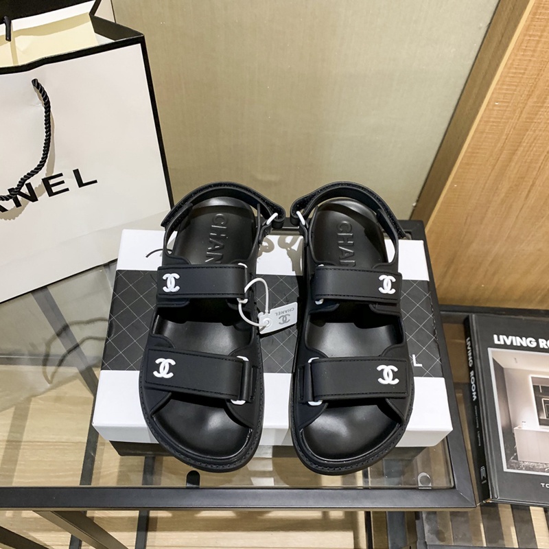 Xăng đan chanel quai dán mềm mại màu đen thời trang dành cho nữ