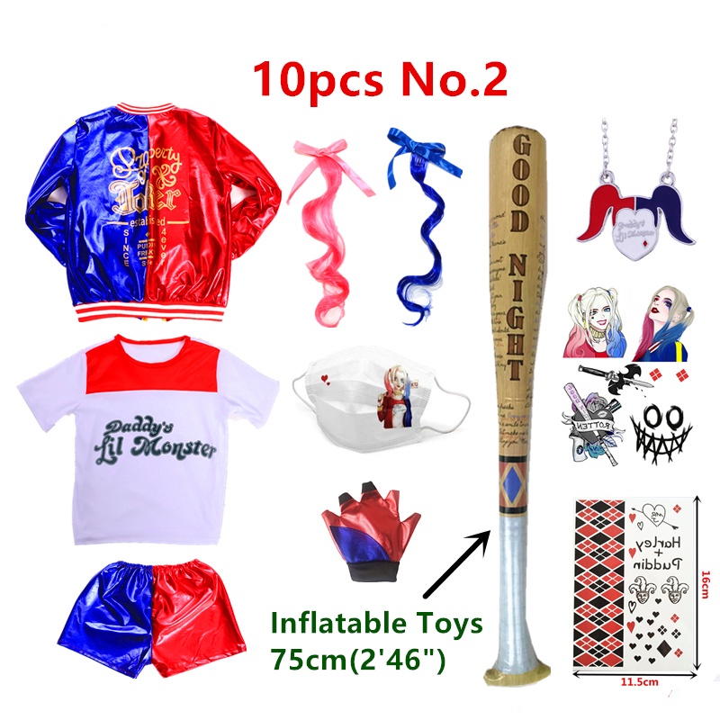 10 cái / bộ Harley Quinn Trang Phục Cosplay Suicide Squad Trẻ Em Cô Gái Áo Khoác T-shirt Quần short Phù hợp với