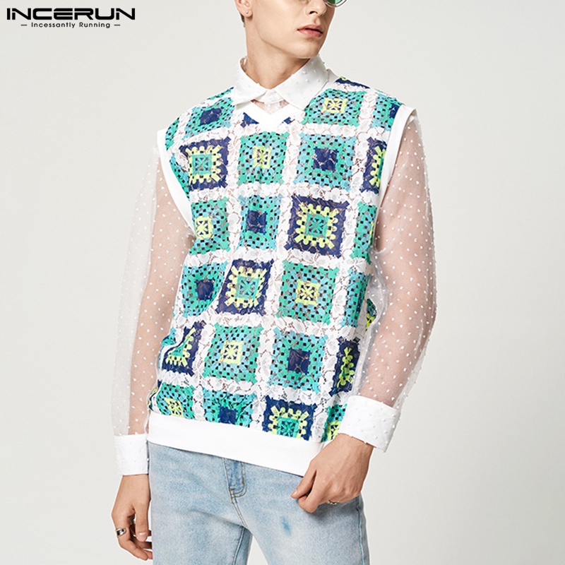 Áo tank top INCERUN không tay cổ chữ V phối ren hoa phong cách hippie sáng tạo dành cho nam giới