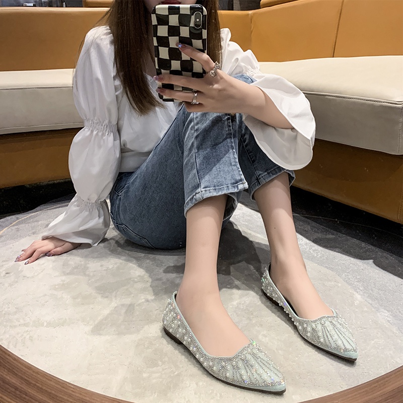 Giày Búp Bê Da Đế Bằng Mũi Nhọn Đính Đá Pha Lê Thời Trang Cho Nữ