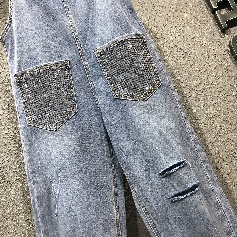 Jiashucheng Quần Yếm Denim Dài Đến Mắt Cá Chân Rộng Rách Mùa Hè Đính Đá Bán Chạy Cho Nữ