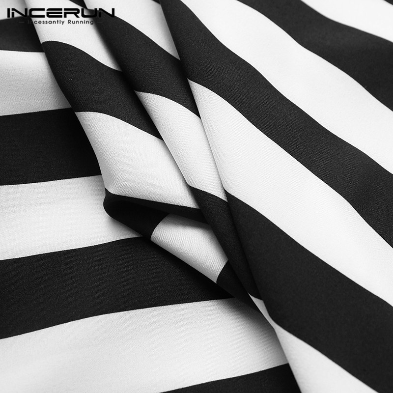 Incerun Áo sơ mi mỏng tay ngắn cổ đứng kẻ sọc màu đen thời trang mùa hè cho nam giới