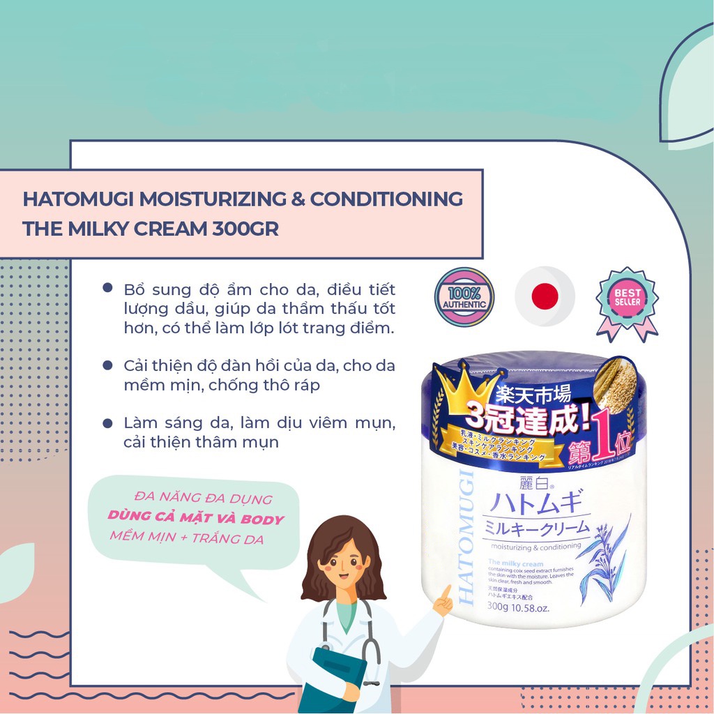Kem Dưỡng Ẩm Trắng Da Ý Dĩ Hatomugi Moisturizing &amp; Conditioning The Milky Nhật Bản