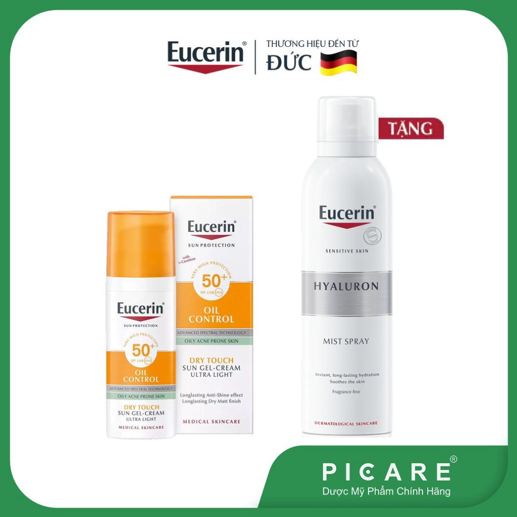[CHÍNH HÃNG] Combo Eucerin kem chống nắng cho da nhờn mụn Sun Dry Touch Oil Control SPF50+ 50ml &amp; xịt khoáng cấp ẩm 150m