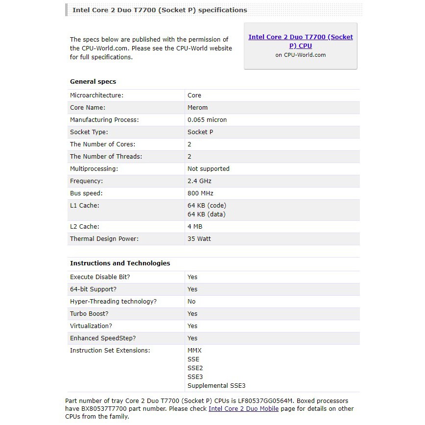 Intel Core 2 Duo T7700 Slaf7 Sla43 2.40 Ghz 4mb 800mhz