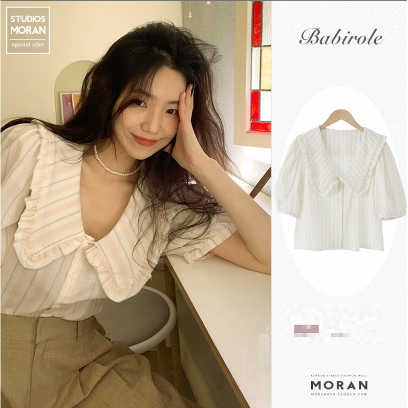 (ORDER) Áo sơ mi cộc tay MORAN cổ bẻ rộng búp bê họa tiết kẻ sọc nhẹ nhàng điệu đà Hàn Quốc (hàng_mới_về)