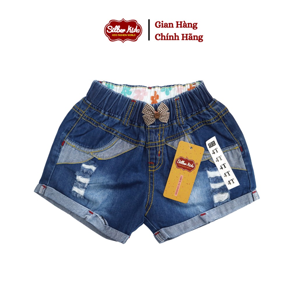 [Mã BMBAU50 giảm 7% đơn 99K] Quần Short Jean Bé Gái Gập Gấu Phối Túi, Nơ Kẻ SILBER KIDS