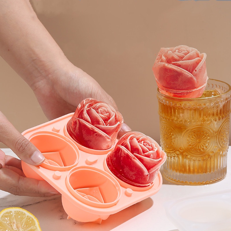 PVN44015 Khuôn Silicone Làm Đá Viên Hình Hoa Hồng Kèm Nắp Đậy Dễ Tháo Gỡ Giá Rẻ