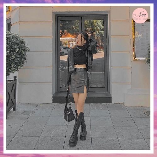 Áo Khoác Da Nữ Dáng Croptop Dài Tay Cúc Bấm NinaStore Mã 448