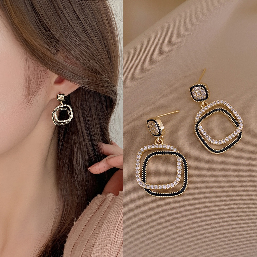 Bông Tai Hai Lớp Tua Rua Đính Ngọc Trai Hình Vuông Thời Trang Cho Nữ