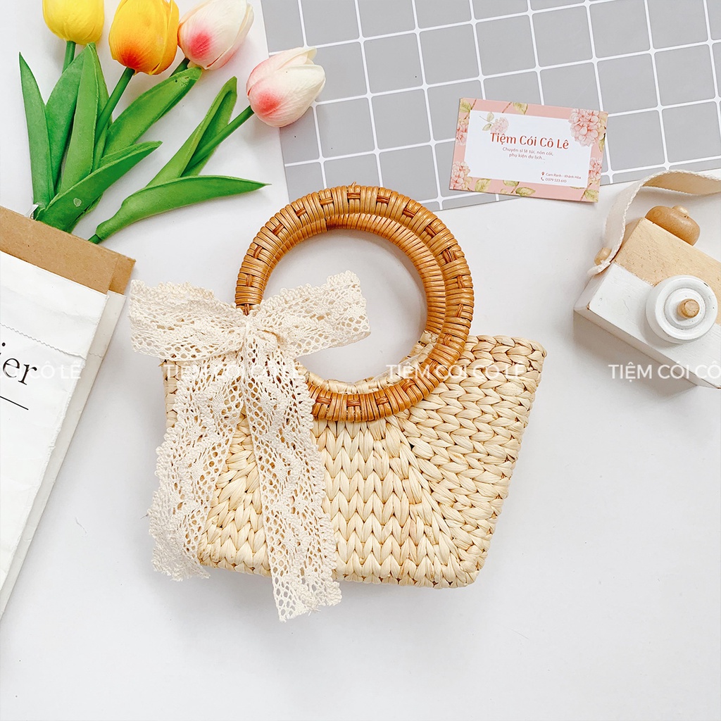 Túi cói lục bình mắt na quai mây size mini 21cm phụ kiện đi biển, chụp ảnh - Tiệm Cói Cô Lê