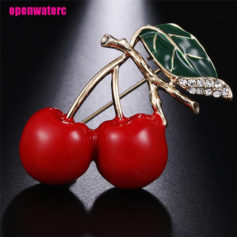 Cài Áo Hình Quả Cherry Đính Pha Lê Tráng Men Đỏ Thời Trang