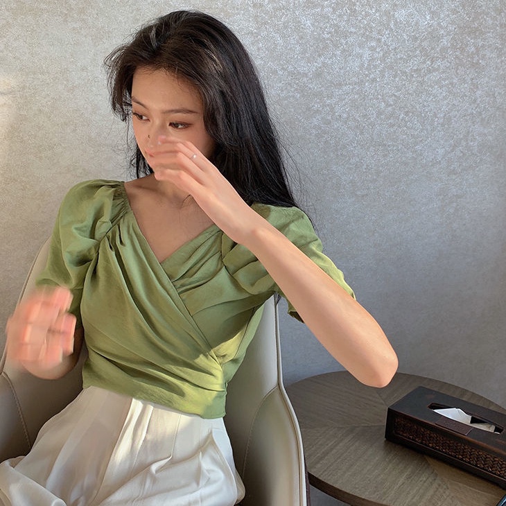 AMOI Áo Kiểu Tay Phồng Cổ Chữ V Thời Trang Cho Nữ
