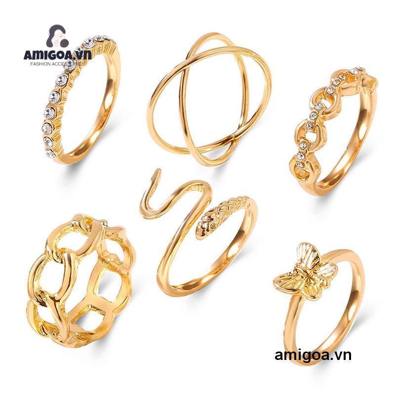 Set 6 Nhẫn Đeo Tay Thiết Kế Đơn Giản Phong Cách Retro Cho Nữ
