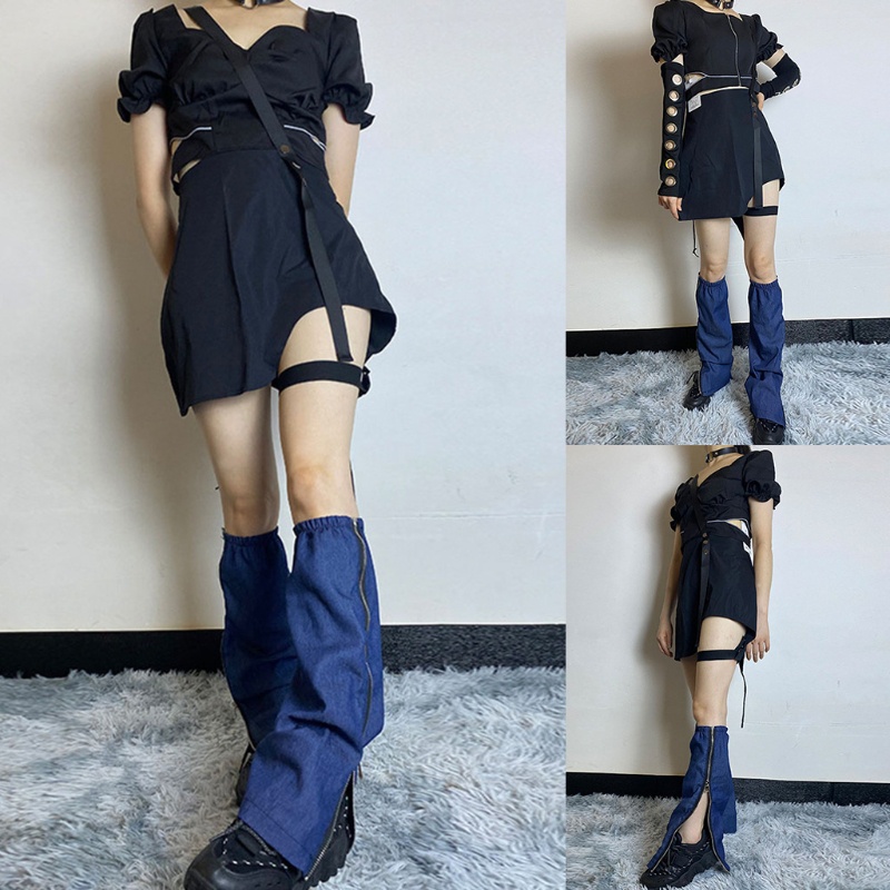 Youyo Vớ Denim Dài Ngang Bắp Chân Màu Xanh Dương Có Khóa Kéo Bên Phong Cách Harajuku Gothic Punk Nhật Bản Giữ Ấm Mùa Hè Cho Nữ Fo