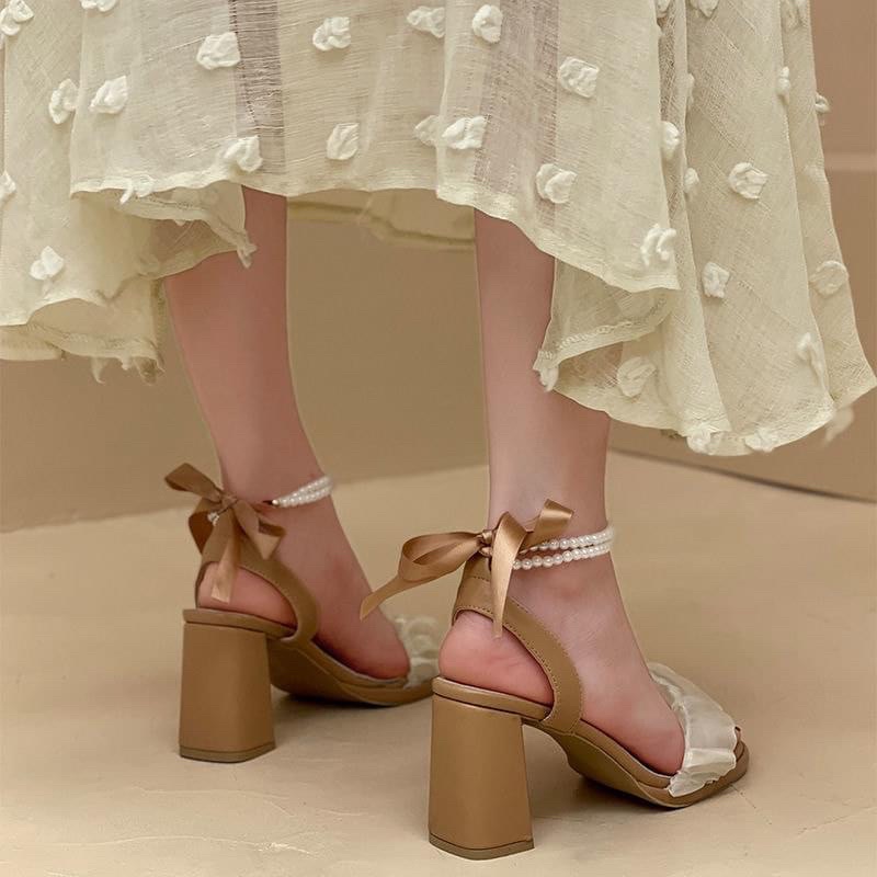 Sandal cao gót ren phối hạt cườm thắt nơ đi chơi, đi làm phong cách mùa hè