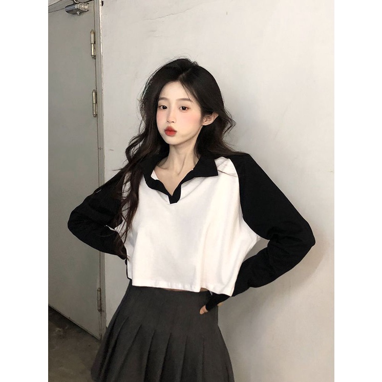 Jiashucheng Áo Thun Ngắn Tay Dài Dáng Rộng Màu Sắc Tương Phản Thời Trang Cho Nữ