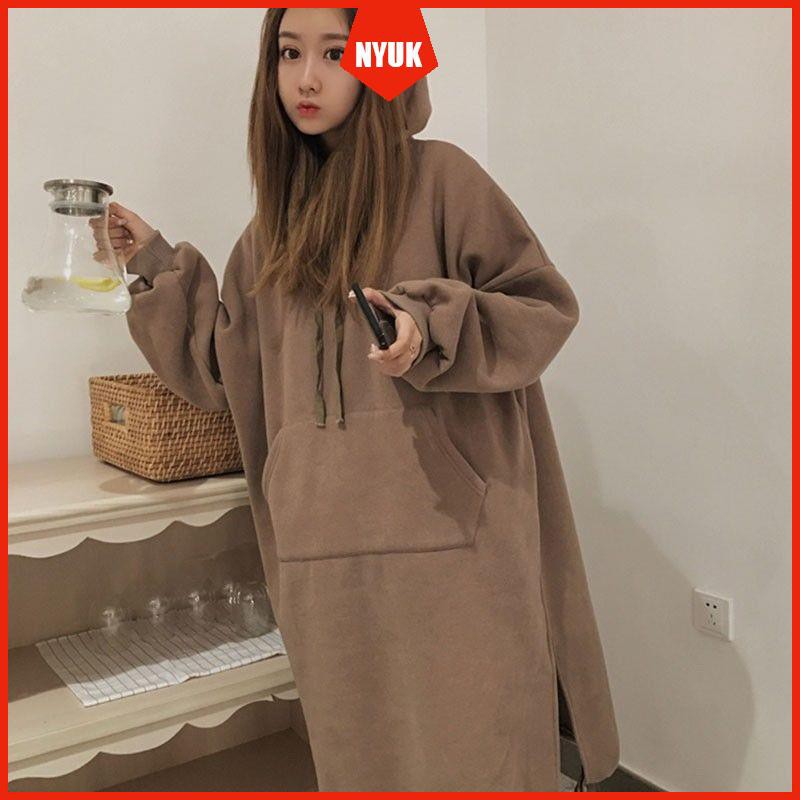 Áo Khoác Hoodie Dáng Dài Qua Gối Thời Trang Cho Nữ