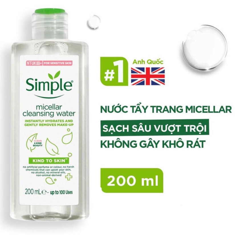 Simple - Nước Tẩy Trang Simple Dành Cho Da Nhạy Cảm 200ml Kind To Skin Micellar Cleansing Water